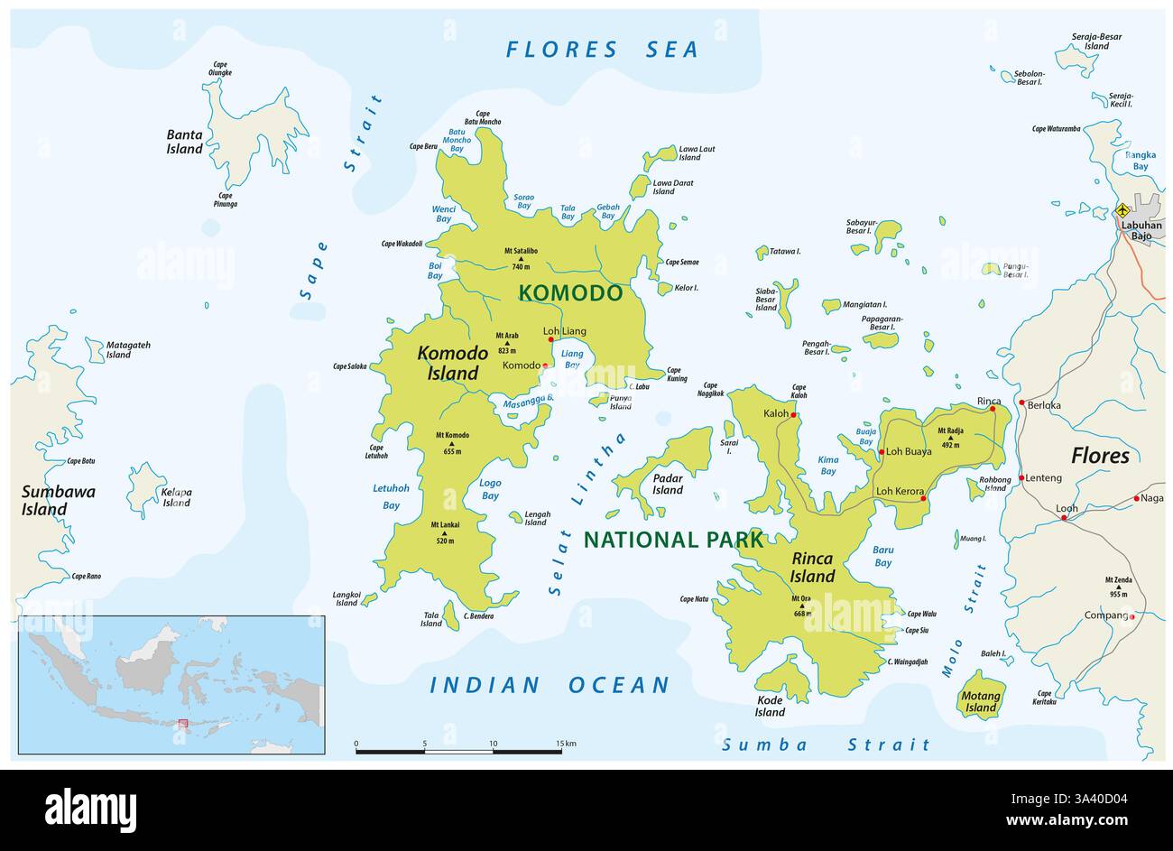 Mappa dettagliata del Parco Nazionale di Komodo, Nusa Tenggara Orientale, Indonesia Foto Stock