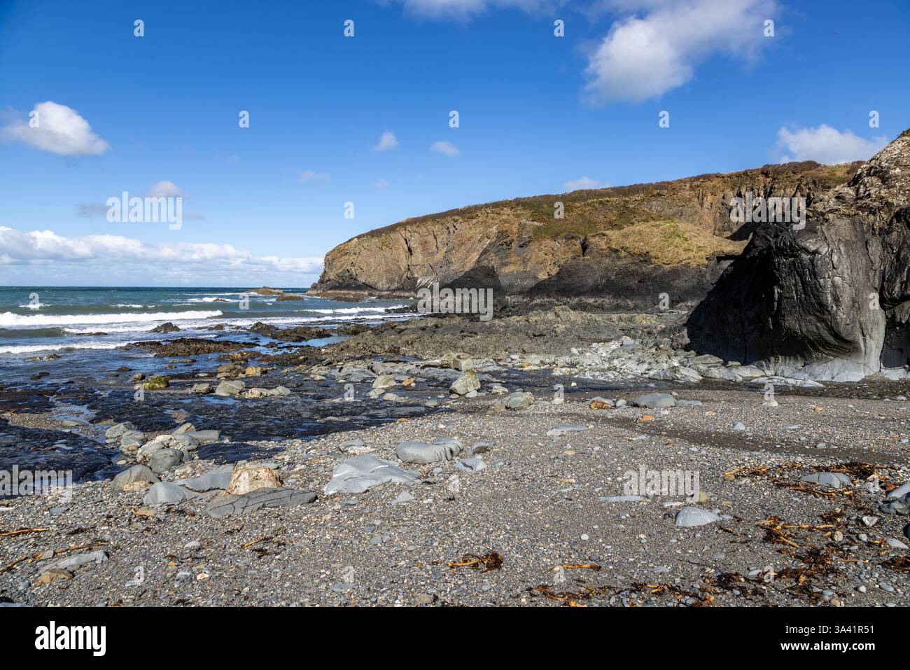Una vista sulla spiaggia frastagliata vicino alle rovine di Melin Trefin Mill, sulla costa del Pembrokeshire Foto Stock