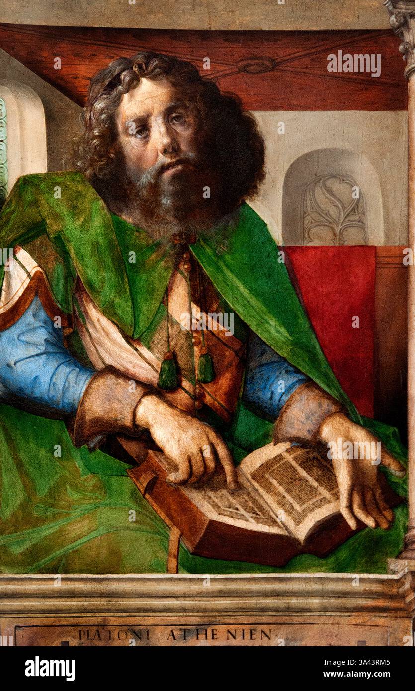 Platone Platon il filosofo greco Urbino dipinti 1474 Louvre Francia Museo francese di Belle Arti. Platone, un influente filosofo greco (428-347 a.C. circa), è una pietra angolare del pensiero occidentale. Ha fondato l'Accademia, una delle prime istituzioni di istruzione superiore, ed è rinomato per i suoi dialoghi filosofici, in particolare quelli con il suo maestro Socrate. Le opere di Platone esplorano diverse aree come la metafisica, l'etica e la filosofia politica, con la sua teoria delle forme e il concetto di società giusta come principio centrale ) Foto Stock