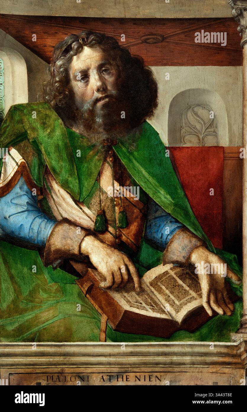 Platone Platon il filosofo greco Urbino dipinti 1474 Louvre Francia Museo francese di Belle Arti. Platone, un influente filosofo greco (428-347 a.C. circa), è una pietra angolare del pensiero occidentale. Ha fondato l'Accademia, una delle prime istituzioni di istruzione superiore, ed è rinomato per i suoi dialoghi filosofici, in particolare quelli con il suo maestro Socrate. Le opere di Platone esplorano diverse aree come la metafisica, l'etica e la filosofia politica, con la sua teoria delle forme e il concetto di società giusta come principio centrale ) Foto Stock