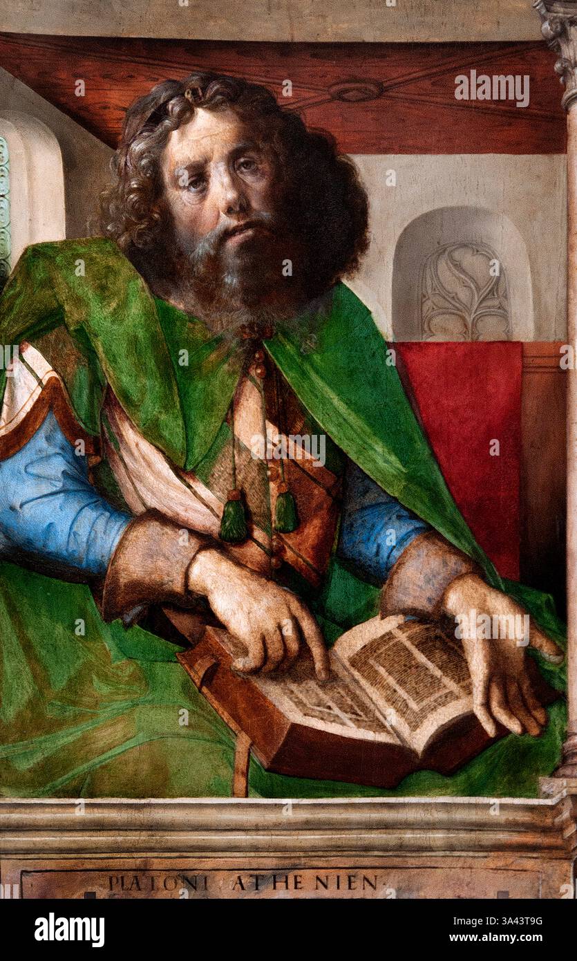Platone Platon il filosofo greco Urbino dipinti 1474 Louvre Francia Museo francese di Belle Arti. Platone, un influente filosofo greco (428-347 a.C. circa), è una pietra angolare del pensiero occidentale. Ha fondato l'Accademia, una delle prime istituzioni di istruzione superiore, ed è rinomato per i suoi dialoghi filosofici, in particolare quelli con il suo maestro Socrate. Le opere di Platone esplorano diverse aree come la metafisica, l'etica e la filosofia politica, con la sua teoria delle forme e il concetto di società giusta come principio centrale ) Foto Stock