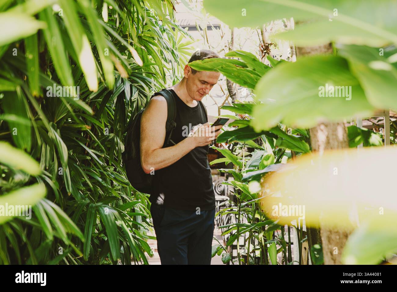 Un uomo alto con uno zaino usa il suo telefono nelle piante tropicali di Miami, Florida, Stati Uniti Foto Stock