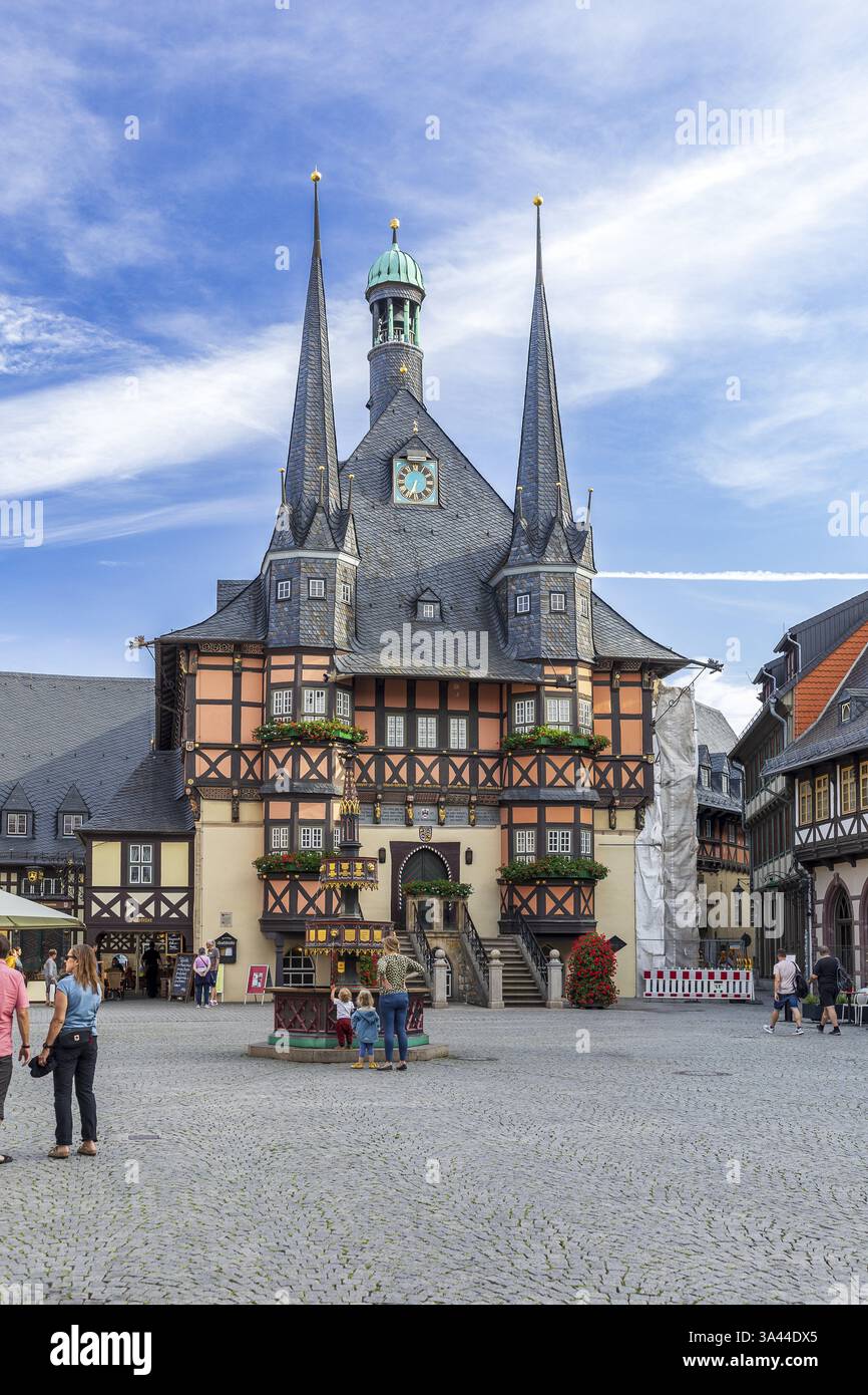 Municipio sulla piazza del mercato con fontana benefattore, Wernigerode, Sassonia-Anhalt, Germania, Europa Foto Stock
