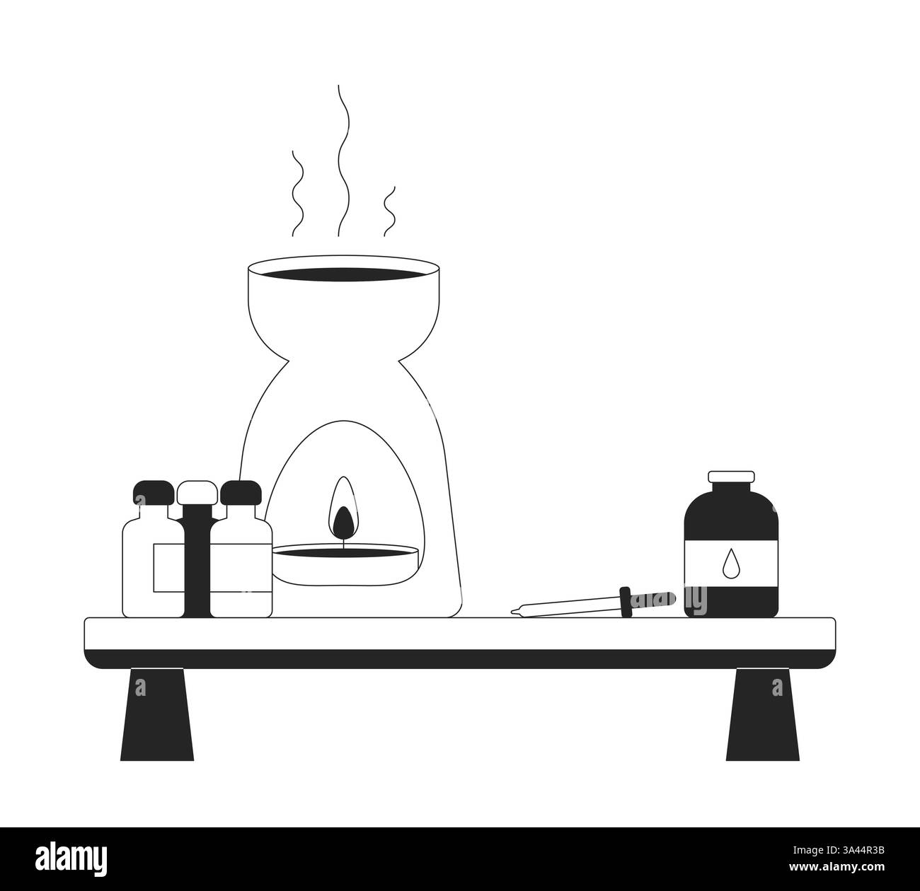 Tavolo per aromaterapia con oggetto linea 2D bruciatore a olio Illustrazione Vettoriale