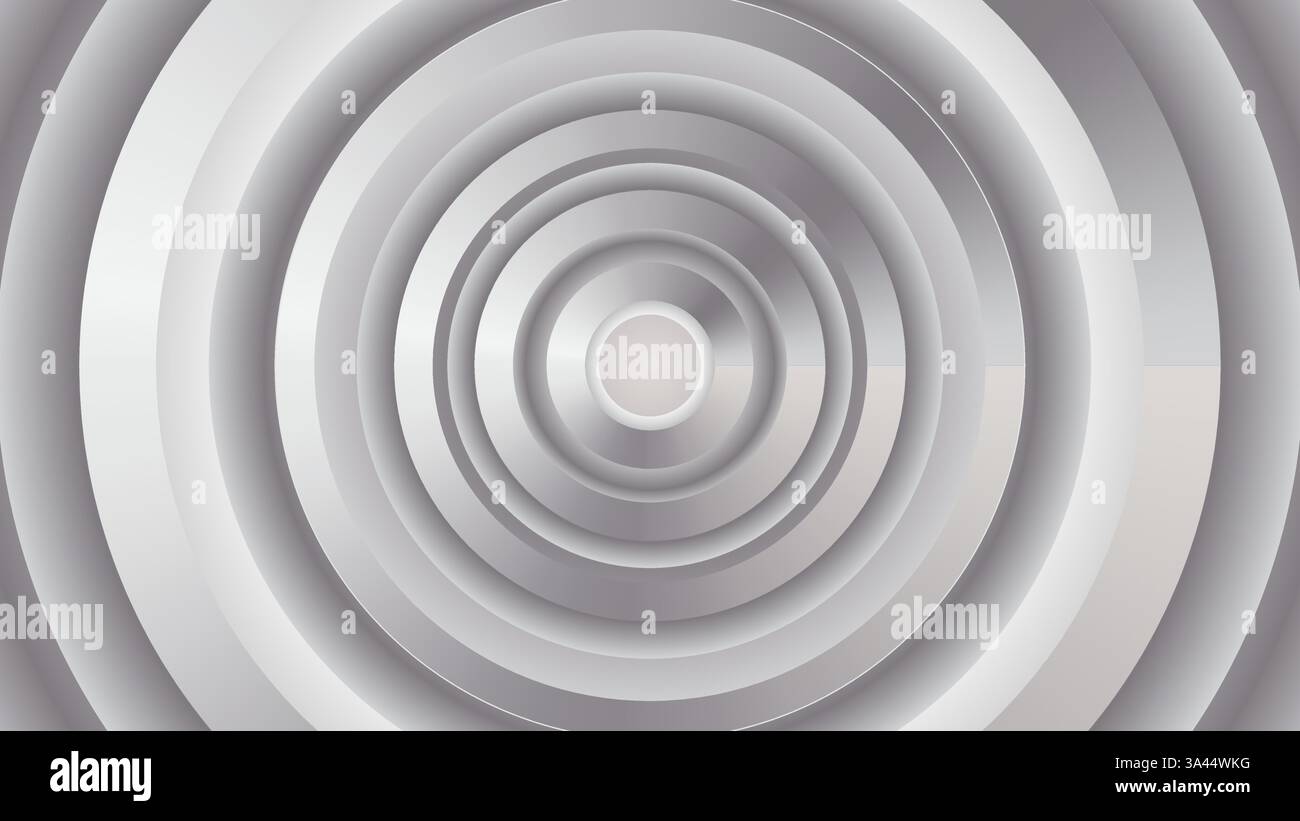 Galleria artistica Gray Circle. Uno sfondo artistico astratto con tunnel circolari grigi che creano un senso di profondità e prospettiva Illustrazione Vettoriale