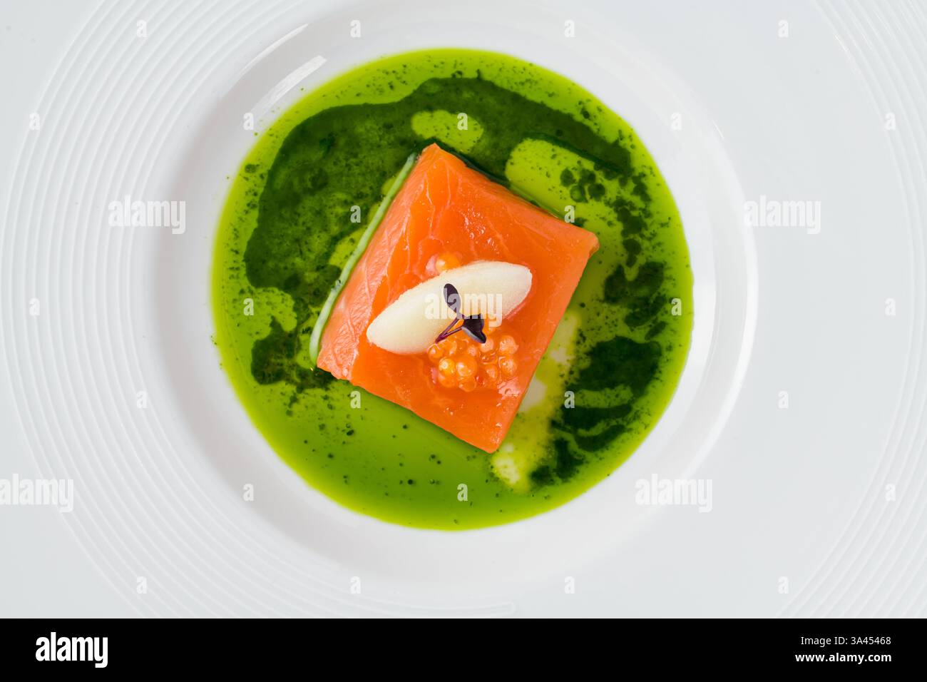 Filetto di salmone sous-vide con capriolo di pesce, guarnito con sorbetto e microgreen, servito su una vivace salsa alle erbe verdi Foto Stock