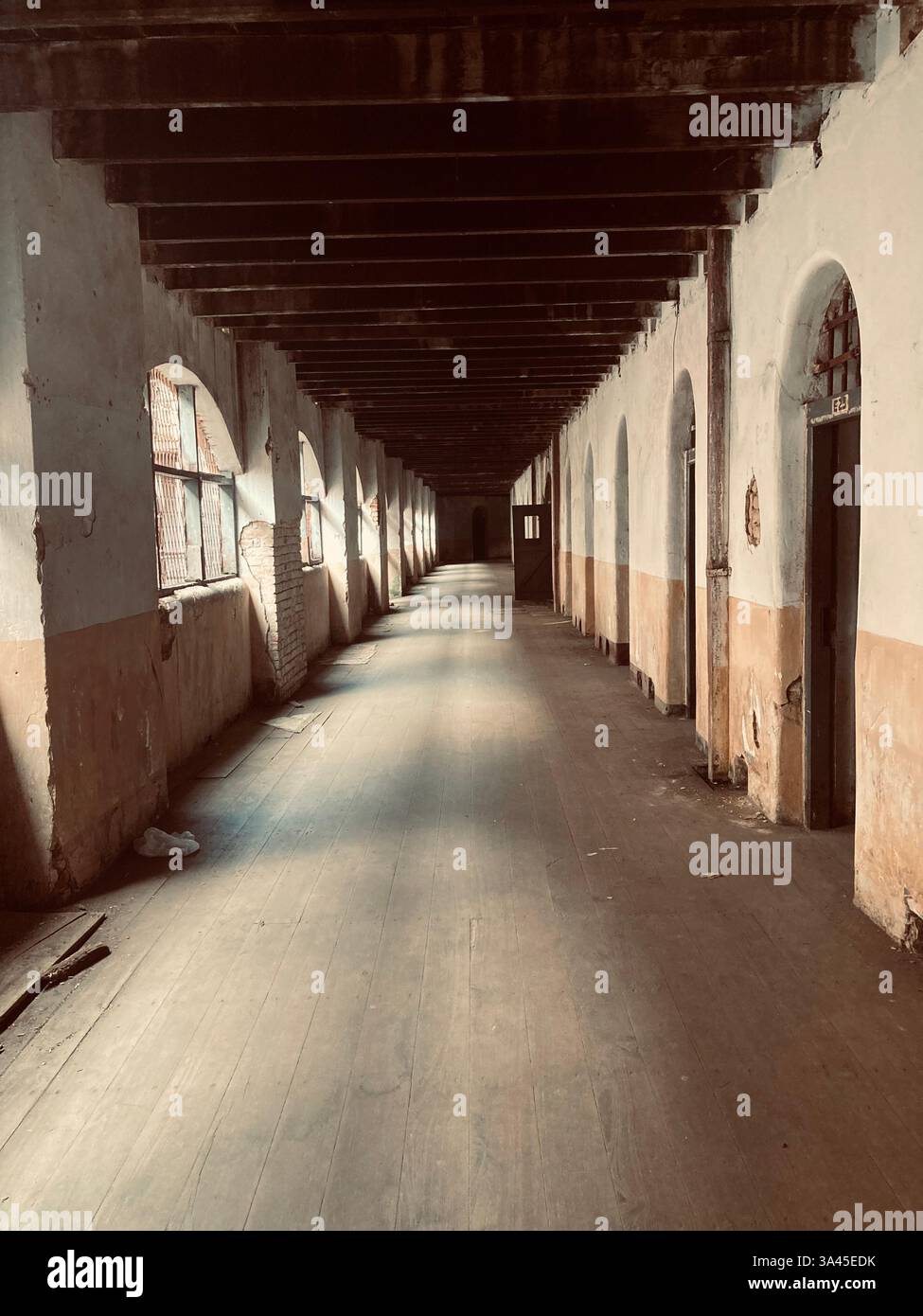 Corridoio prigione abbandonato con pavimento rustico in legno e pareti in decadenza, illuminato da una luce naturale soffusa. Uno sguardo inquietante sulla storia e il tempo Foto Stock