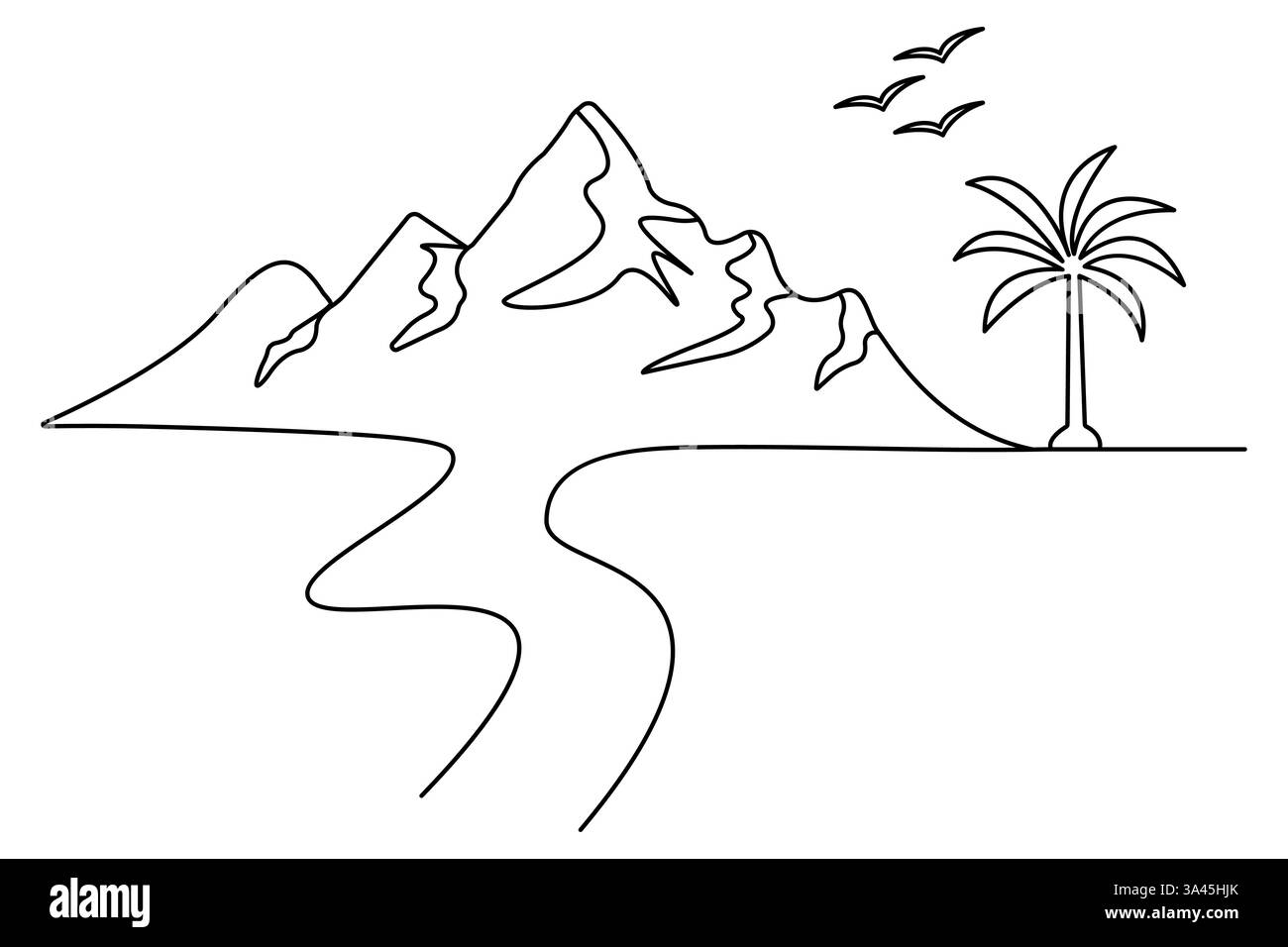 Disegno grafico a una linea continua di montagna con illustrazione vettoriale del contorno Illustrazione Vettoriale
