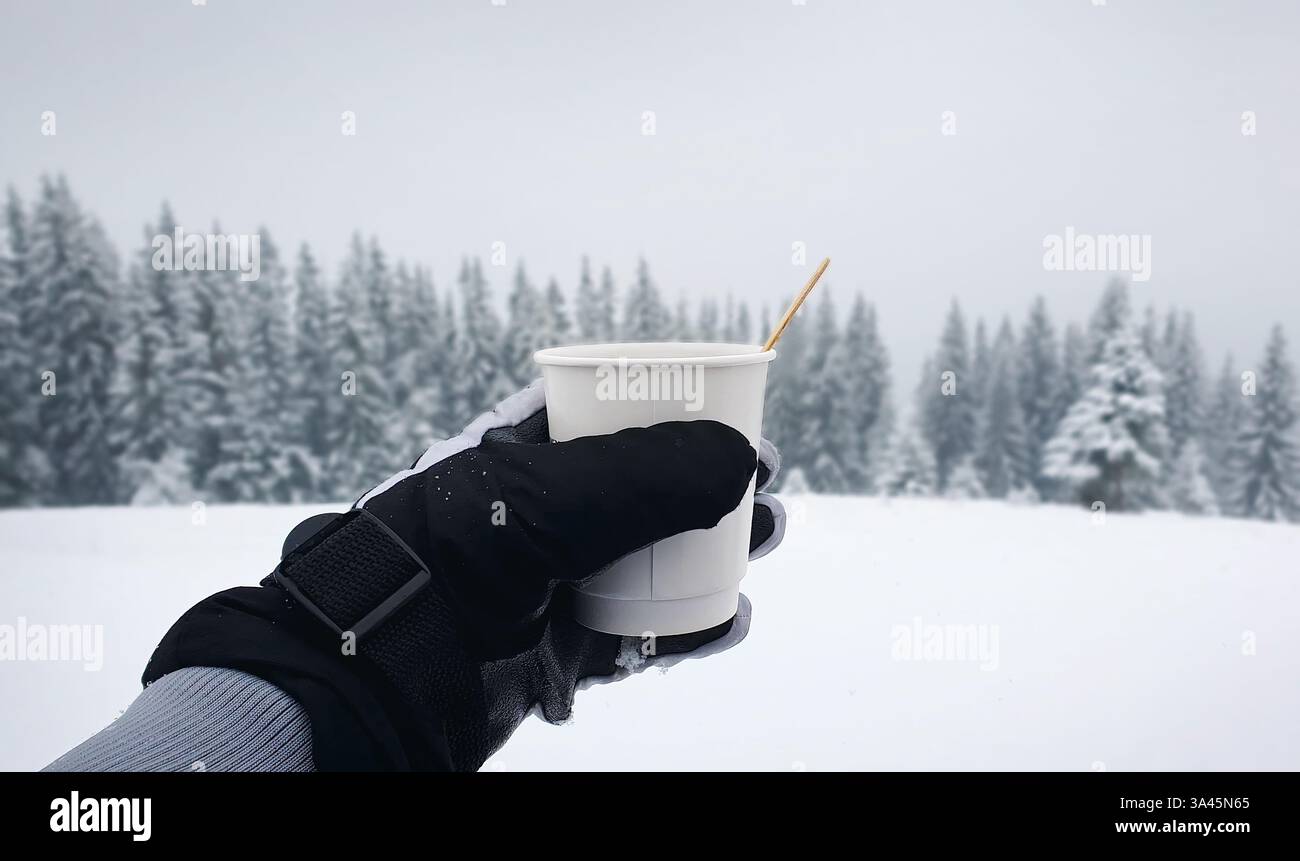 Persona che tiene in mano una tazza di VIN brulé caldo o caffè all'aperto sulla cima della montagna durante il giorno invernale con la neve che cade. Meraviglioso covere bianco Foto Stock