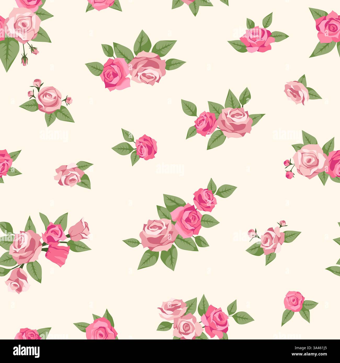 Rosa rose delicate con motivo senza cuciture. Elementi floreali ripetuti, splendidi fiori con foglie, decorazioni romantiche per matrimoni. Tessuto, carta da imballaggio Illustrazione Vettoriale