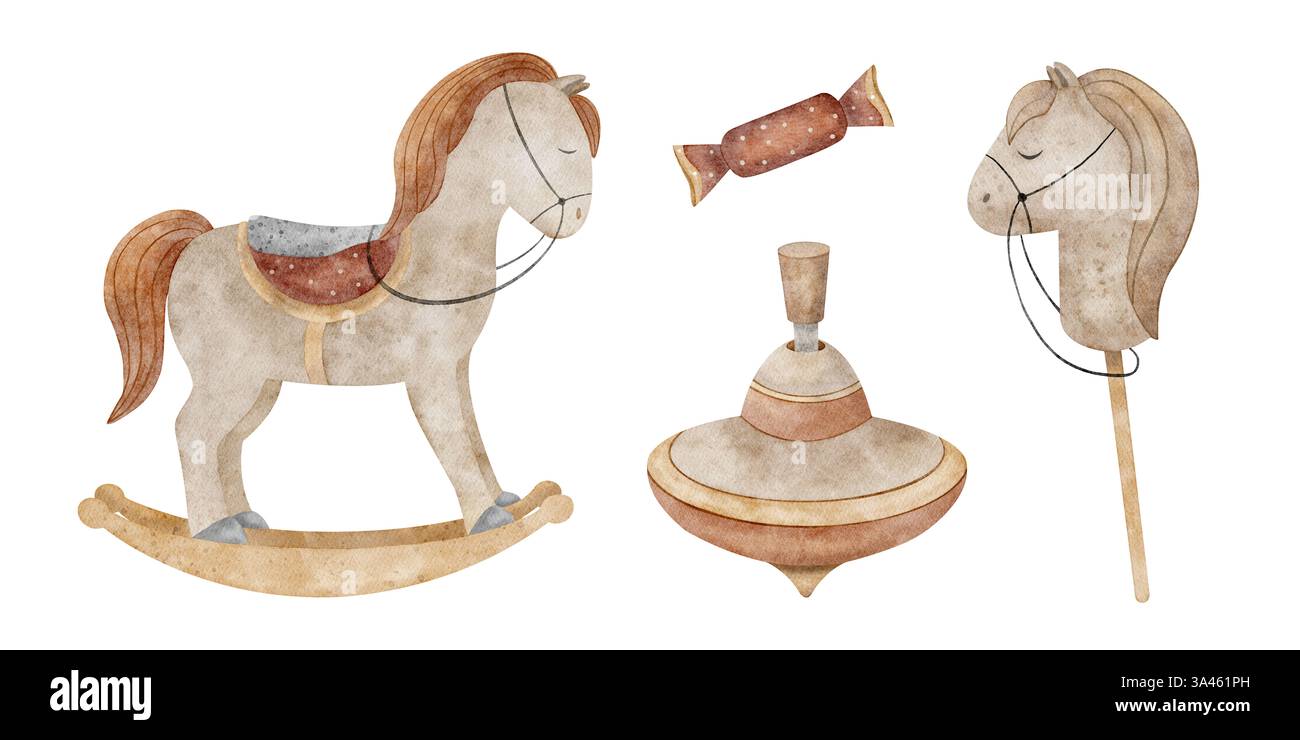 Set di giocattoli per bambini, altalena, su un bastone, caramelle, top, vortice. Illustrazione ad acquerello in stile retrò su sfondo isolato. Elementi per Foto Stock