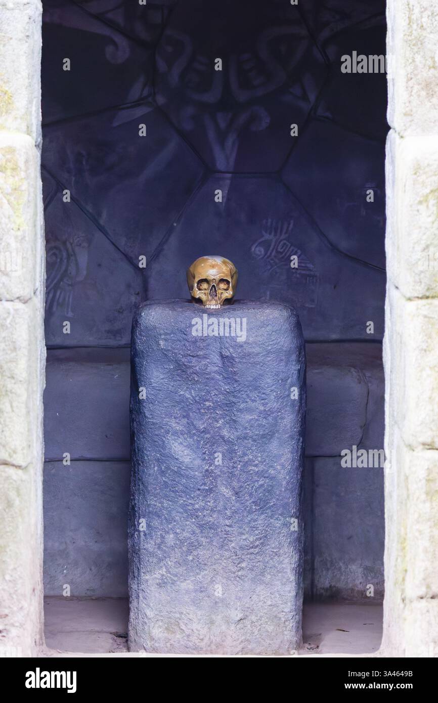 Teschio d'oro su piedistallo di pietra nell'antica camera. Un cranio dorato posto su un piedistallo in pietra all'interno di un'antica camera di pietra poco illuminata. Foto Stock