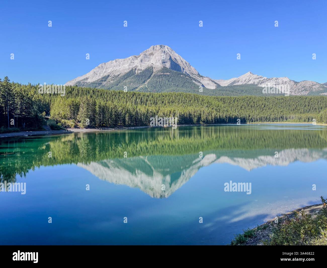 Un tranquillo lago turchese riflette aspre cime di montagna e una fitta foresta sempreverde sotto un cielo azzurro. L'acqua ferma crea uno specchio quasi perfetto Foto Stock
