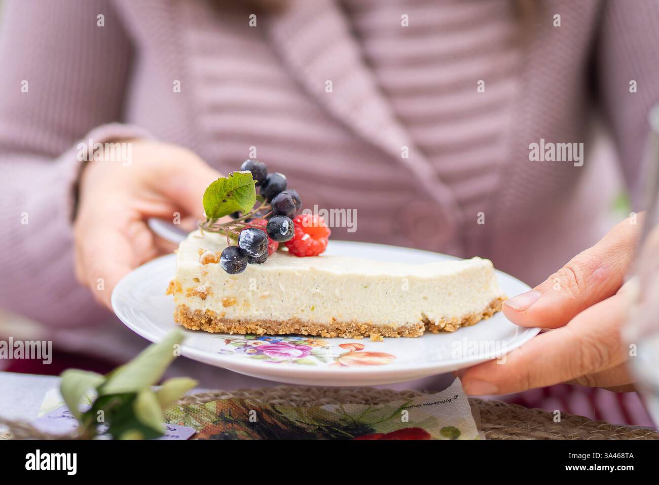 Non cuocere la cheesecake con un ricco ripieno di formaggio e una base croccante. Fetta di cheesecake ricoperta di lamponi e chokeberries. Festa estiva. Foto Stock