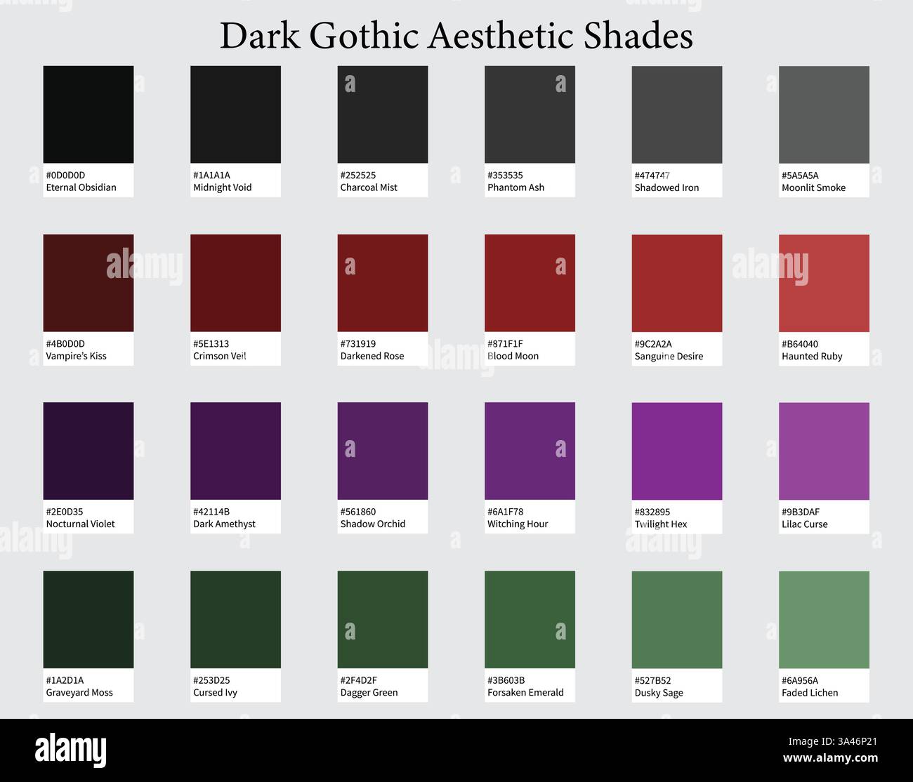 Tavolozza dei colori 24 sfumature estetiche gotiche scure - Moda e lusso, nero, carbone, rosso intenso, viola Eerie, toni verdi disattivati - con codici ESADECIMALI Illustrazione Vettoriale