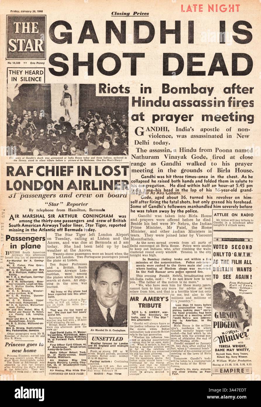 1948 la prima pagina di The Star (Londra) riporta l'assassinio di Mahatma Gandhi e Tudor IV Star Tiger in rotta verso le Bermuda Foto Stock