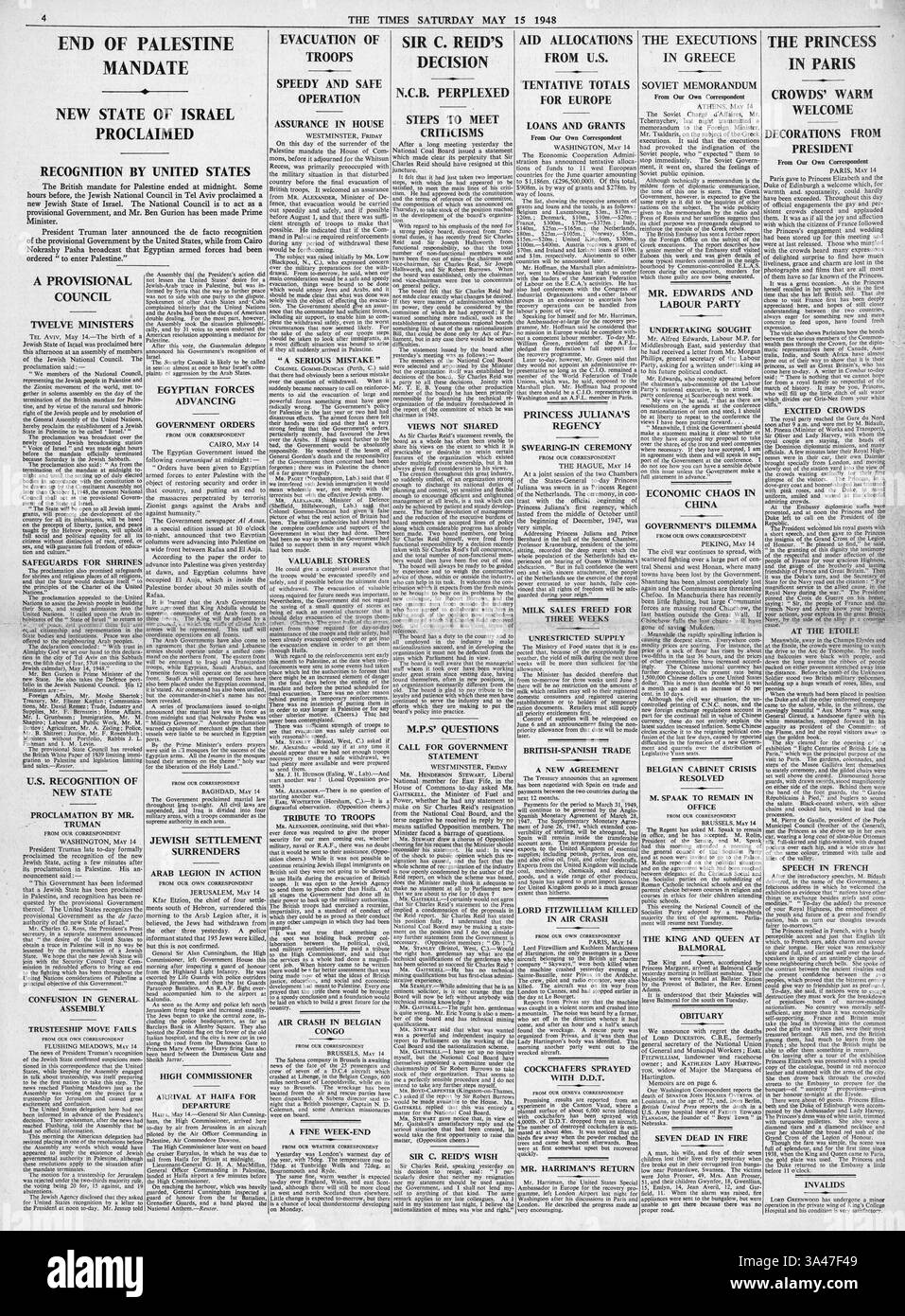 1948 The Times riferisce la fondazione dello Stato indipendente di Israele Foto Stock