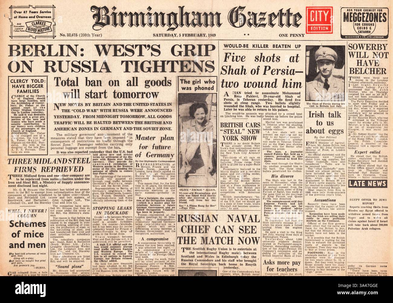 1949 la prima pagina della Birmingham Gazette riporta il blocco di Berlino e il ponte aereo Foto Stock