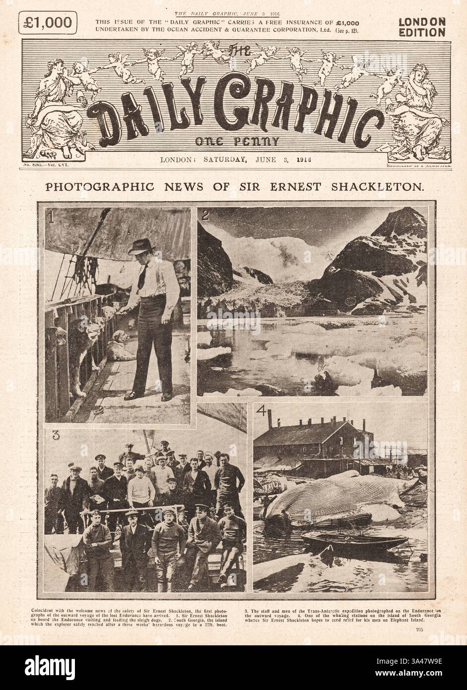 1916 Daily Graphic in prima pagina che riporta la spedizione di Ernest Shackleton Foto Stock