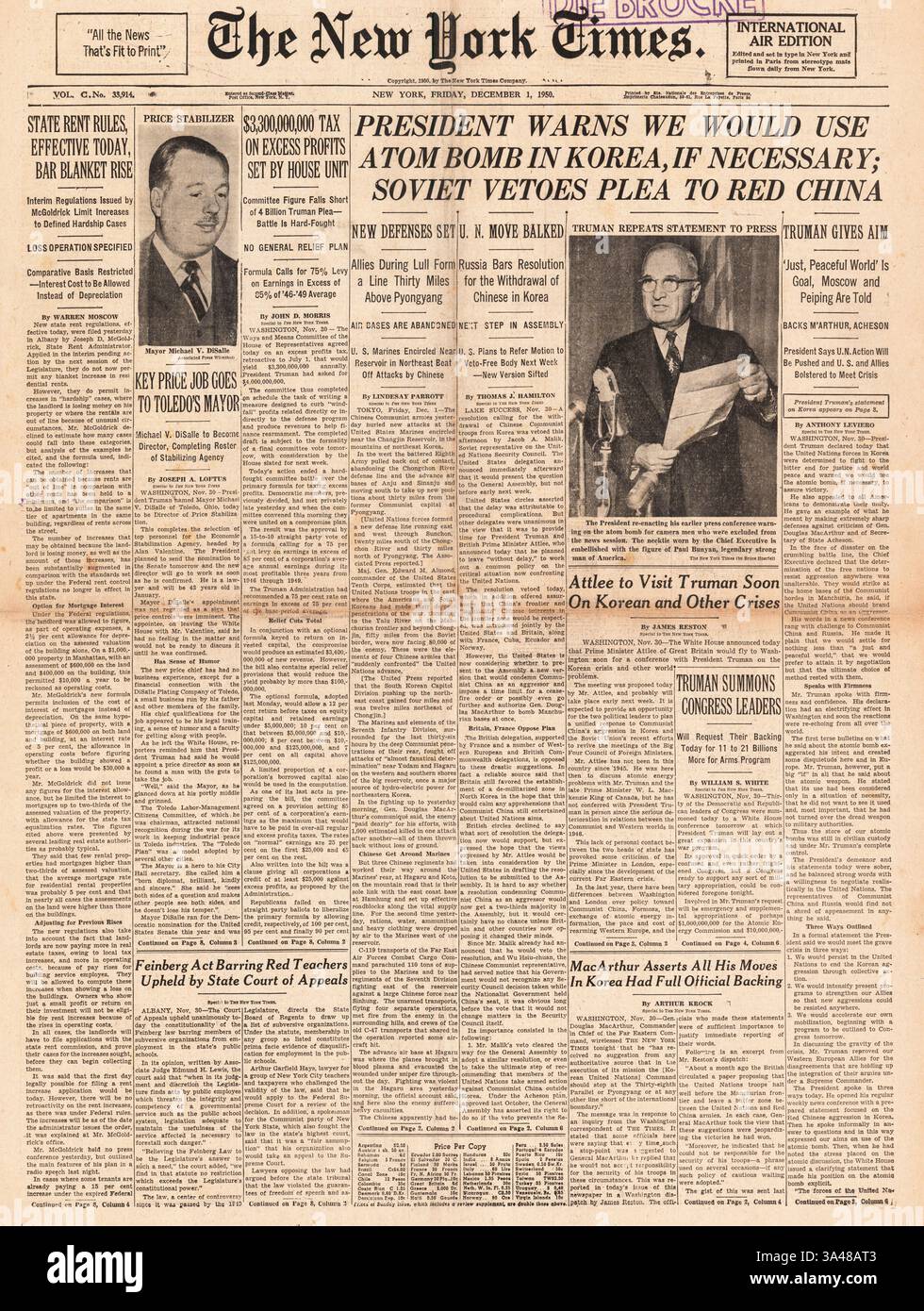 1950 la prima pagina del New York Times riporta la Guerra di Corea e Truman minaccia di usare una bomba atomica Foto Stock