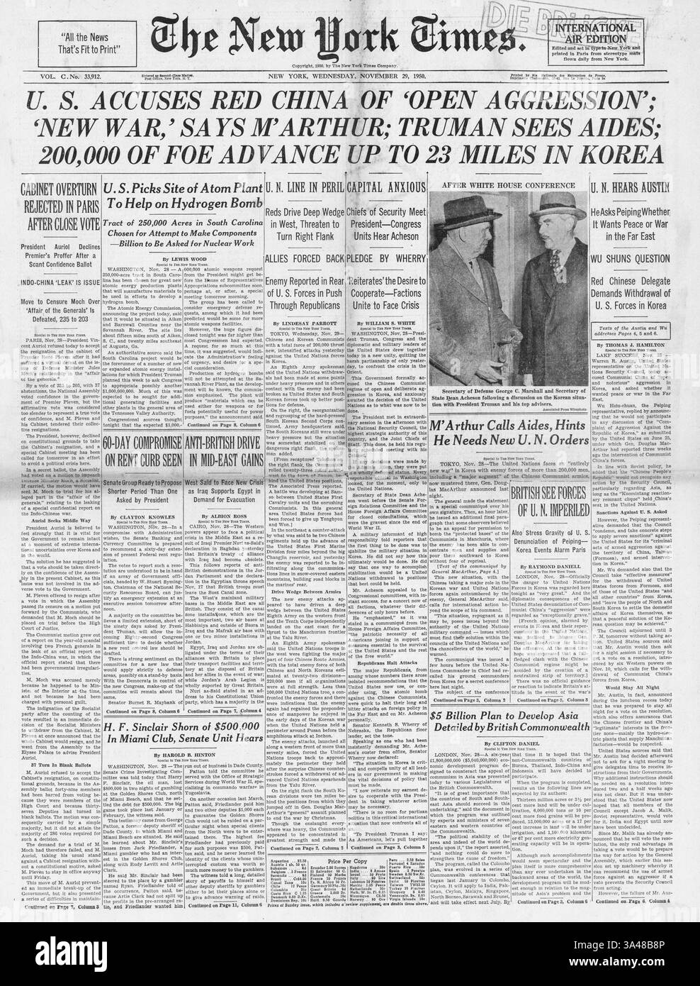 1950 prima pagina del New York Times che riporta la guerra di Corea Foto Stock