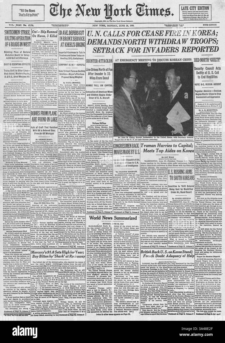 1950 prima pagina del New York Times che riporta la guerra di Corea Foto Stock
