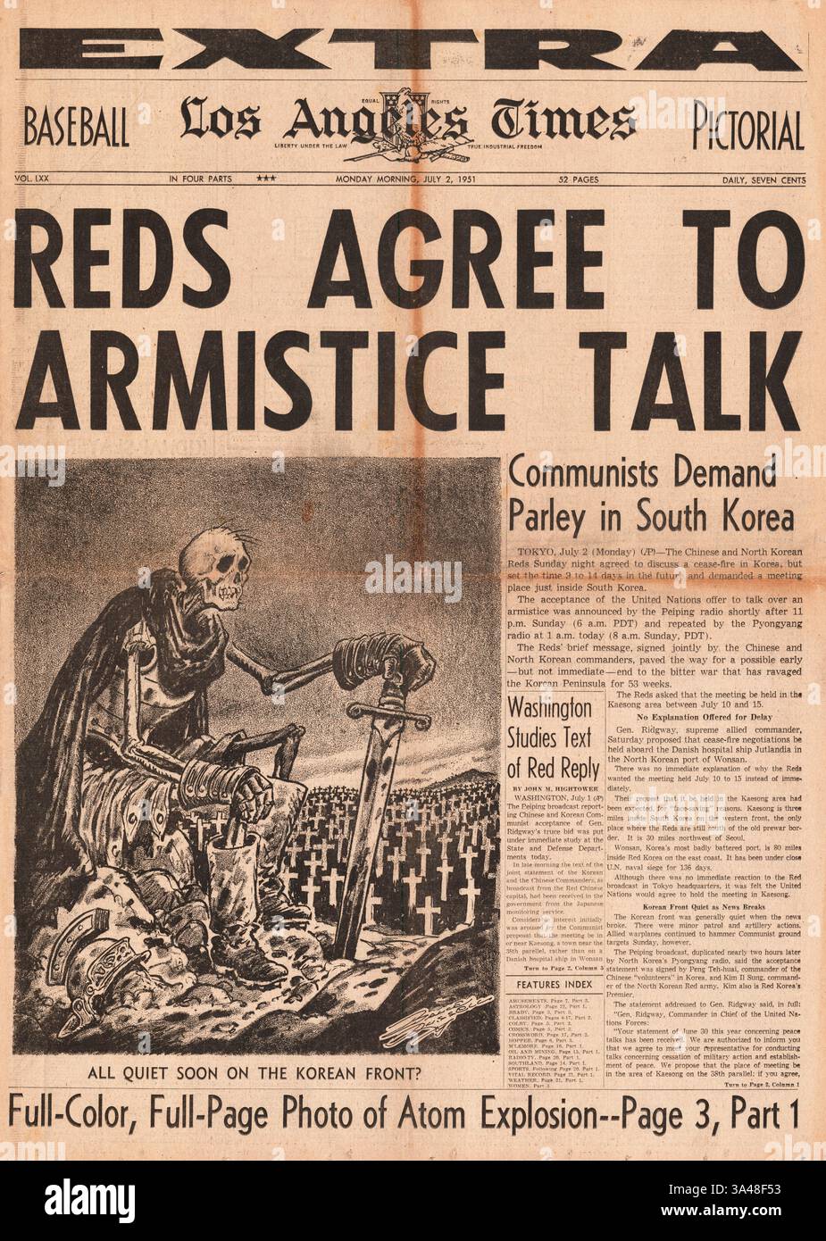 1951 la prima pagina del Los Angeles Times riporta i colloqui di armistizio della guerra di Corea Foto Stock