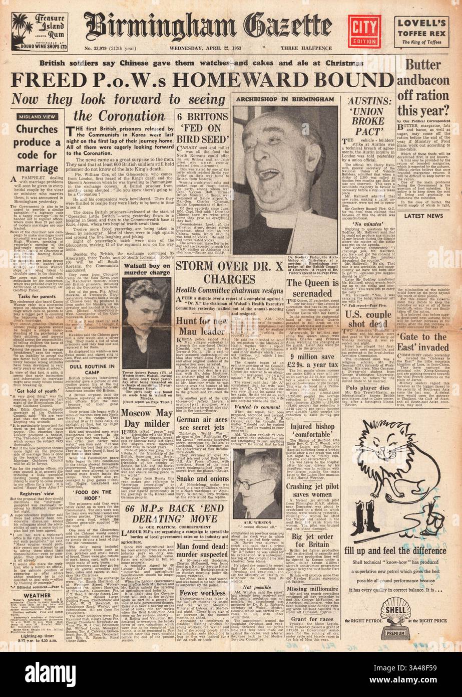 1953 la prima pagina della Birmingham Gazette riporta la guerra di Corea Foto Stock