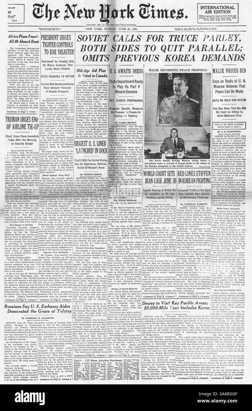1951 la prima pagina coreana del New York Times riporta la proposta di pace della guerra di Corea Foto Stock