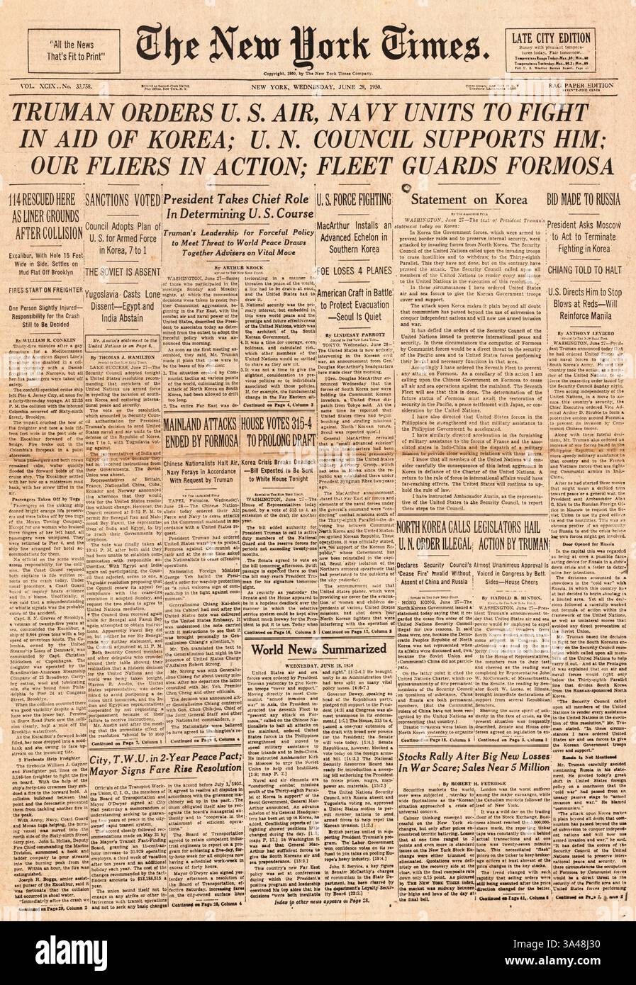 1950 prima pagina del New York Times che riporta lo scoppio della guerra di Corea Foto Stock