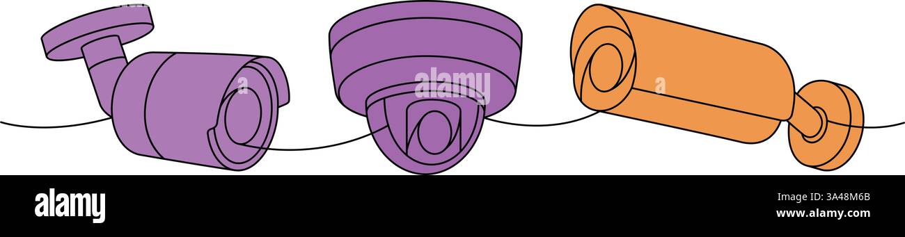 Telecamere a circuito chiuso esterne disegno continuo a una riga colorata. Videocamere per esterni. Illustrazione vettoriale. Illustrazione Vettoriale