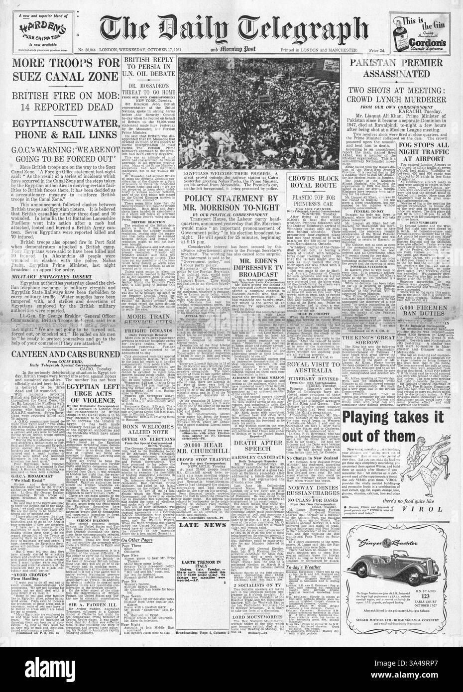 1951 la prima pagina del Daily Telegraph riporta il controllo britannico del Canale di Suez e l'assassinio del primo ministro pakistano Liaquat Ali Khan Foto Stock