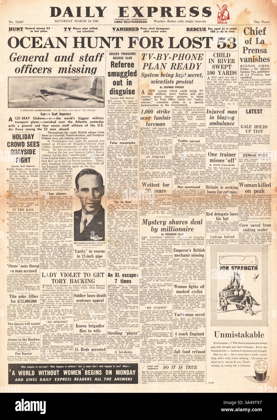 1951 la prima pagina del Daily Express riporta gli incidenti aerei da trasporto della US Air Force nell'Atlantico Foto Stock