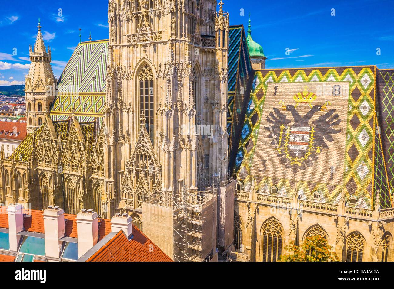 Una vista aerea mozzafiato ravvicinata della cattedrale di Santo Stefano a Vienna, Austria, che mostra la sua intricata facciata gotica e il vibrante tetto piastrellato Foto Stock