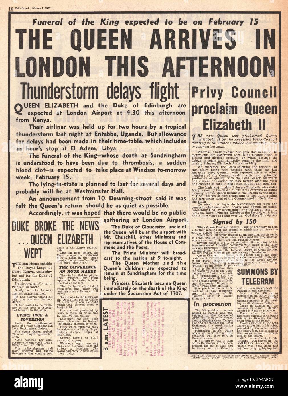1952 Daily Graphic backpage riportante che la regina Elisabetta torna a casa dal Kenya dopo la morte di suo padre re Giorgio vi Foto Stock