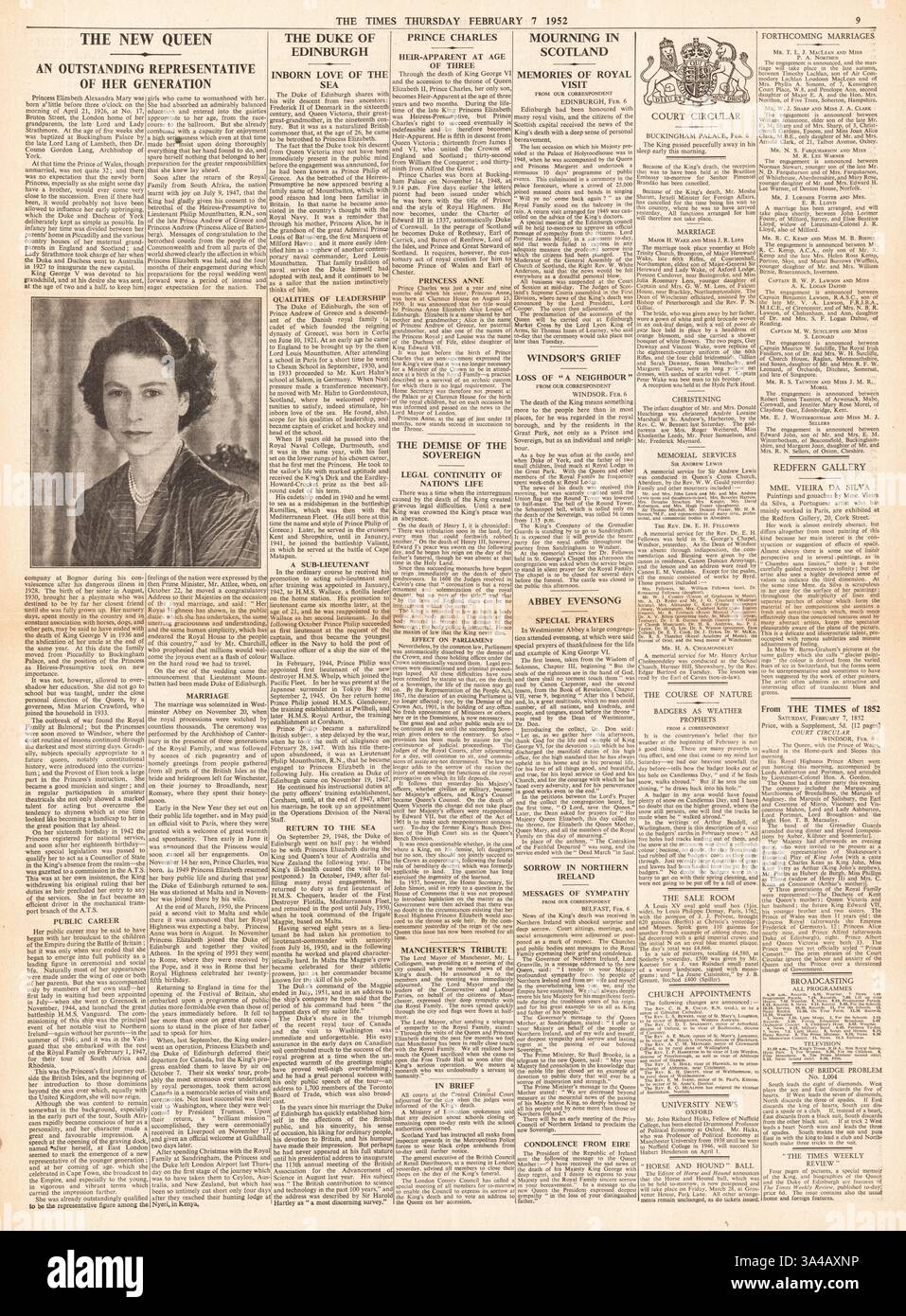 1952 The Times pagina 9 che riporta la morte di re Giorgio vi e della principessa Elisabetta diventa regina Foto Stock