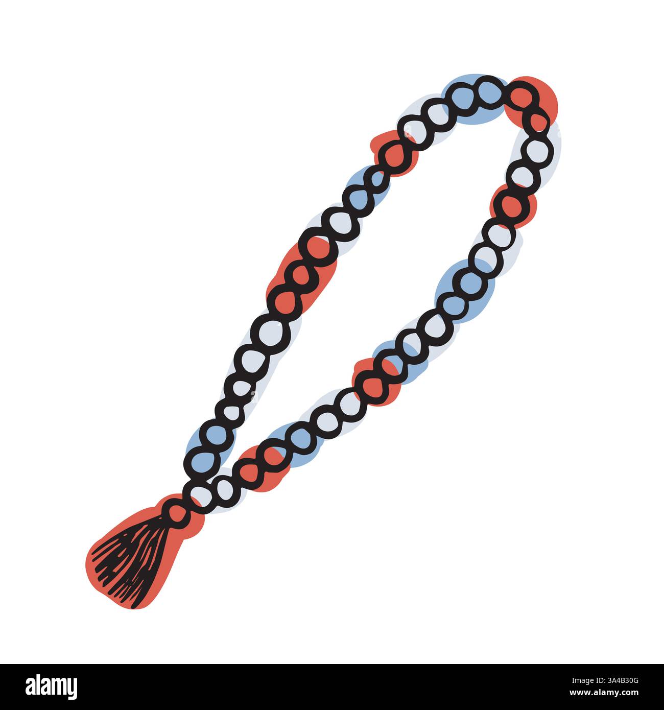 Tespih tradizionale turco con perline e nappina in rosso, nero e blu. Perfetto per l'arte culturale, il design religioso e i progetti decorativi islamici Illustrazione Vettoriale