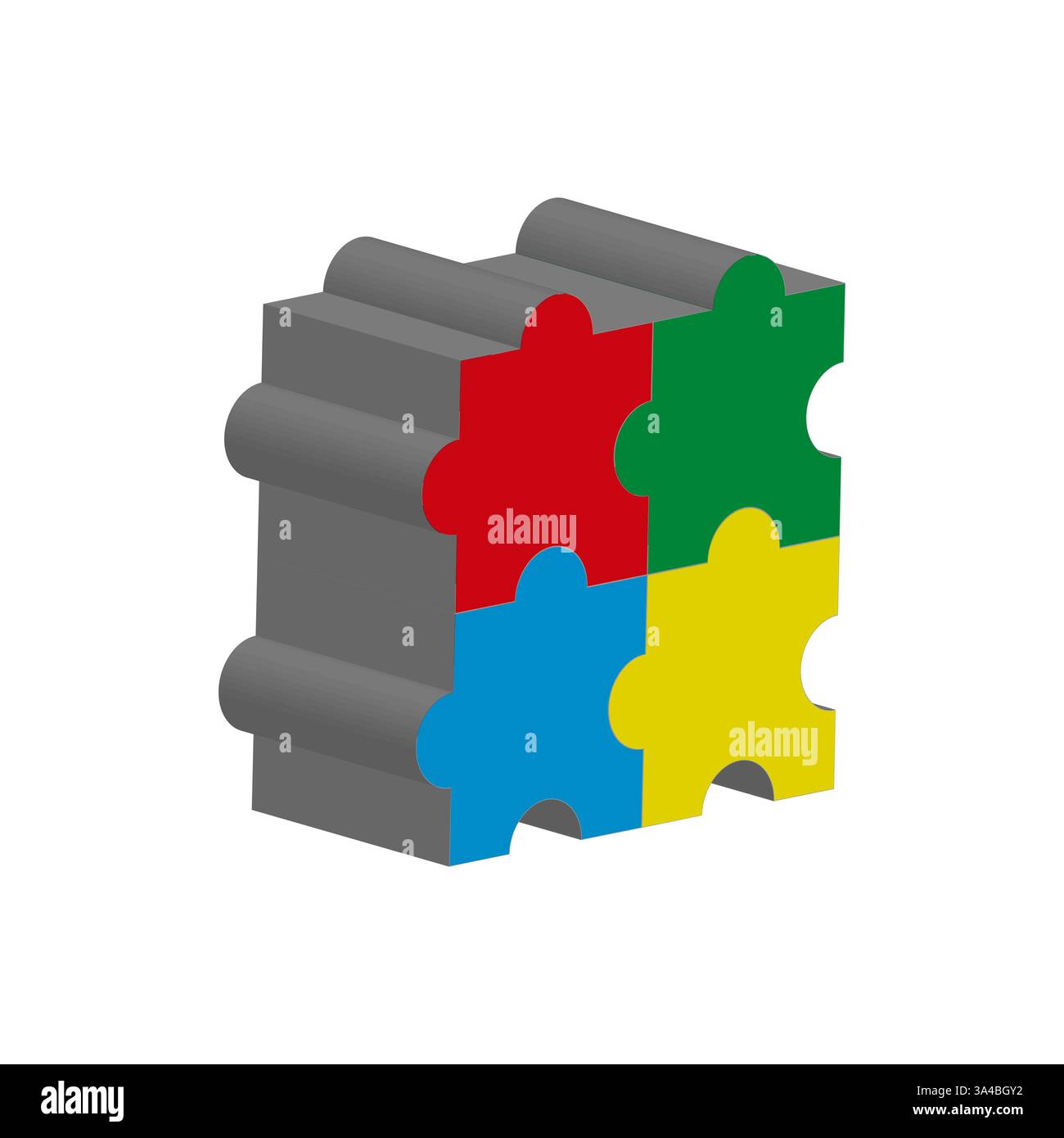 Blocco puzzle 3D. Pezzi colorati a incastro. Forma geometrica astratta. Design vettoriale isometrico. Illustrazione Vettoriale