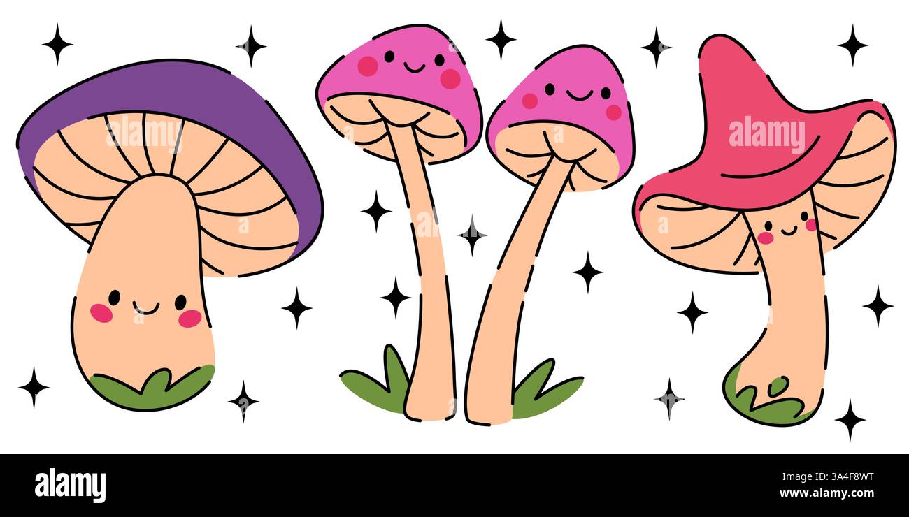 Illustrazioni dei set di personaggi dei funghi: Simpatiche mascotte funghi cartoni animati con tappi rosa e viola, guance blush, emozioni sorridenti per il viso. Semplici disegni vettoriali piatti per il design della natura autunnale, libri di fiabe per bambini. Illustrazione Vettoriale