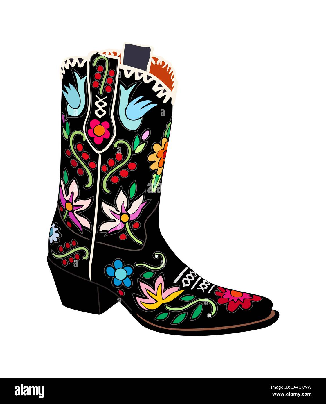 Stivale da cowboy con isolamento vettoriale ricamo floreale Illustrazione Vettoriale