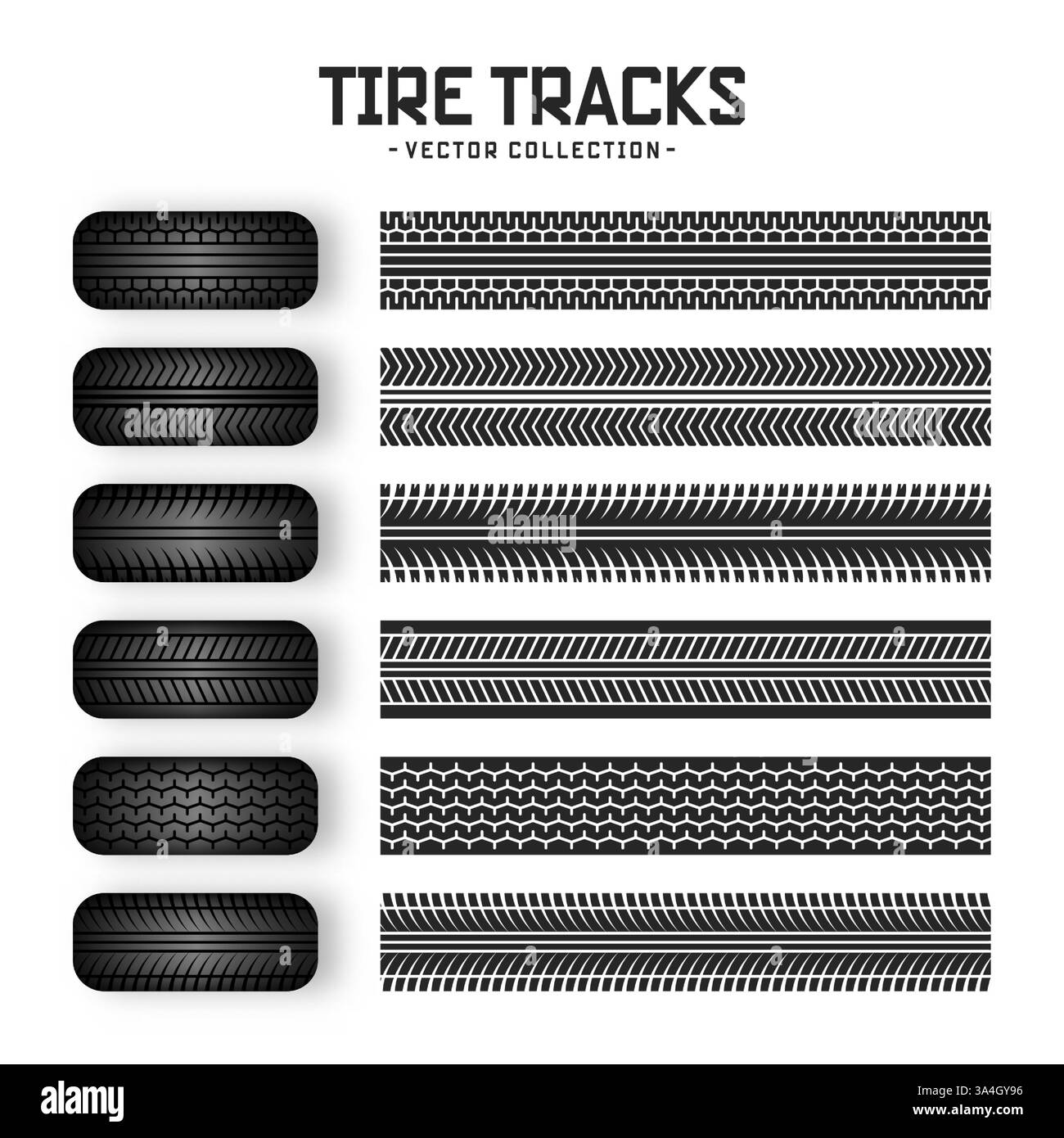 Tracce di pneumatici, ruote in gomma e segni di frenata. Silhouette con battistrada per camion, auto o motociclette. Perfetto per corse automobilistiche, sport motoristici e velocità Illustrazione Vettoriale