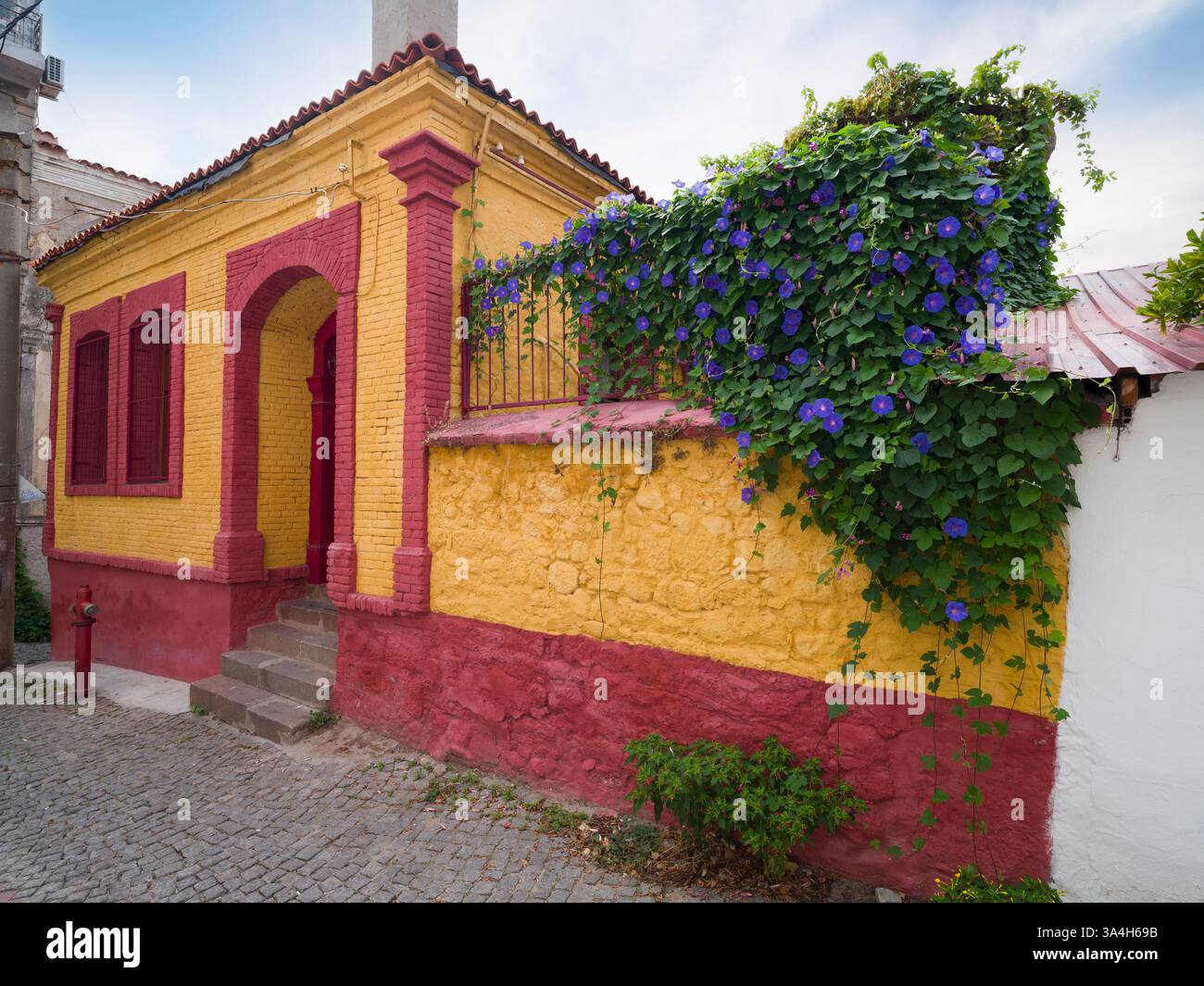 Storiche case bergamane e strade acciottolate. Distretto di Bergama, provincia di Smirne, paese della Turchia Foto Stock