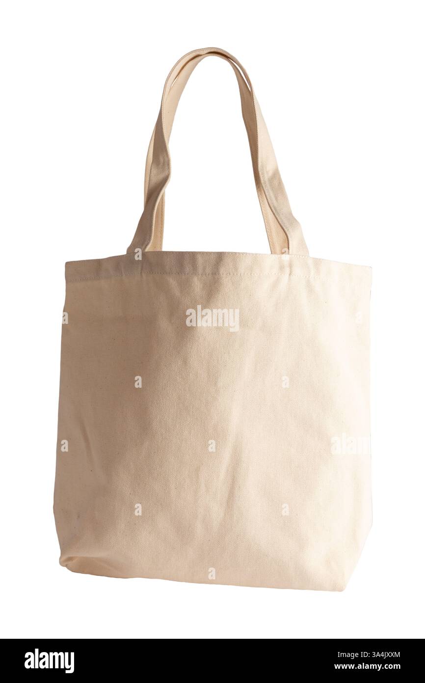 mockup beige tote bag isolato su sfondo bianco Foto Stock