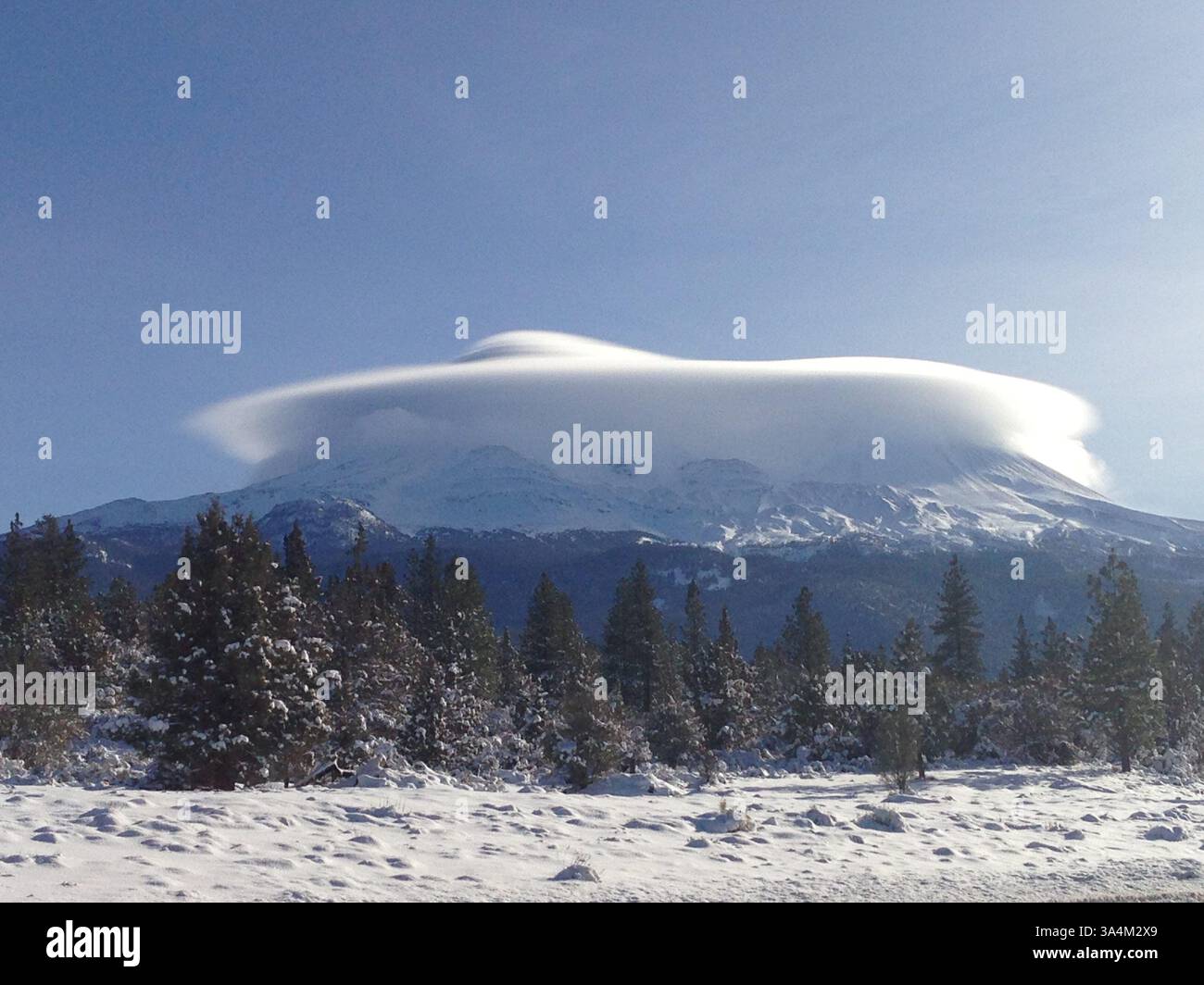 12 marzo 2013 - nuvola che si libra sul Monte Shasta, di Gerry Ramos. Come è stata scattata questa foto... immagini stagionali mozzafiato Vinci il concorso fotografico "Let IT Snow" della NASA..una nuvola minacciosa a forma di UFO si libra su una montagna innevata, mentre una splendida fioritura è perfettamente racchiusa in una palla di ghiaccio... Queste splendide immagini sono incluse nelle iscrizioni vincenti al concorso fotografico "Let IT Snow" organizzato dalla NASA..... Dieci vincitori sono stati scelti tra oltre mille partecipanti al concorso gestito dalla missione Global precipitation Measurement dell'agenzia spaziale..... Ai partecipanti è stato chiesto il breve: ''vento d'inverno Foto Stock