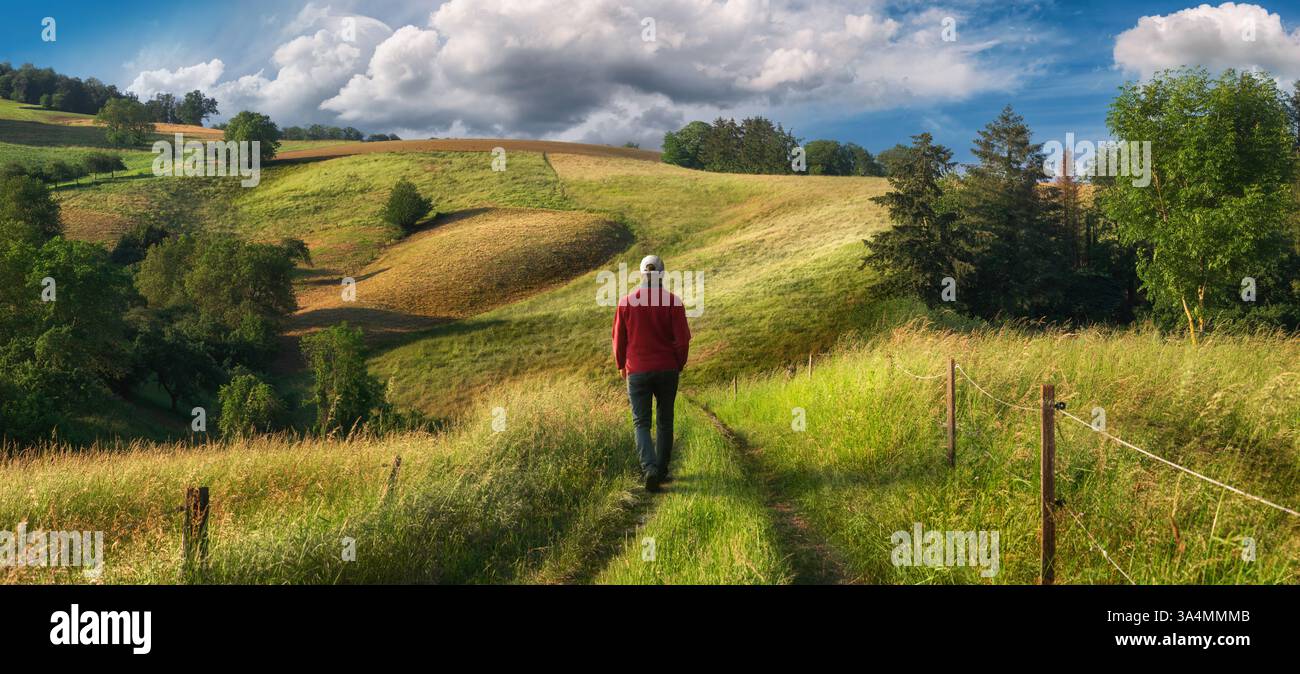 Un'escursione in un paesaggio incredibile con colline ondulate. Escursionista che cammina su un sentiero panoramico attraverso splendidi prati. Foto Stock