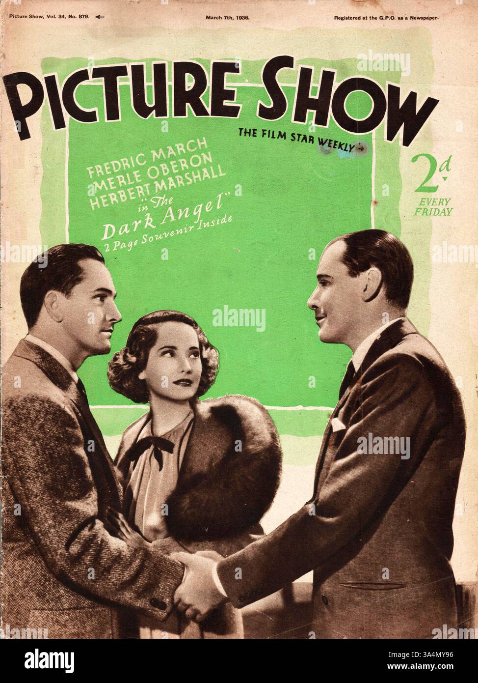 1936 Picture Show Merle Oberon, Frederic March e Herbert Marshall in The Dark Angel Foto Stock
