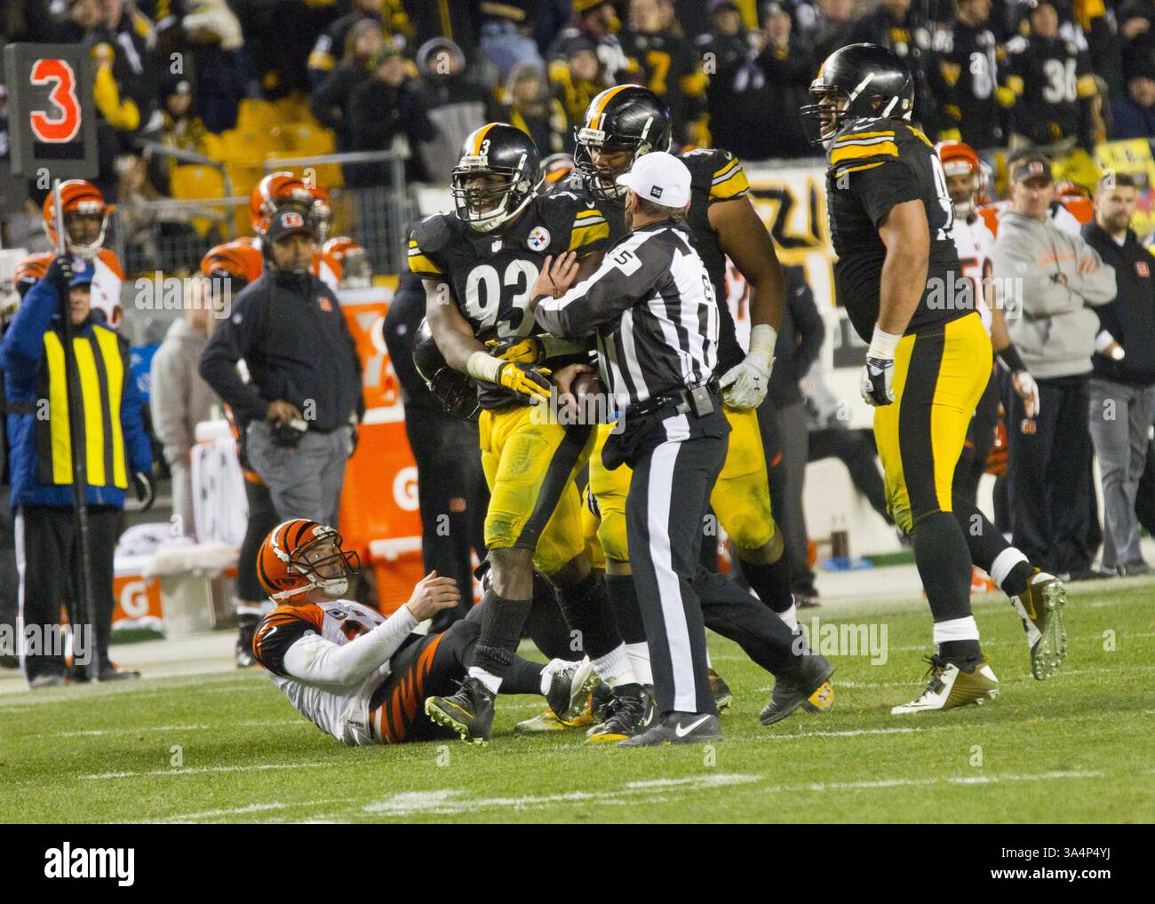 28 dicembre 2014 - Pittsburgh, Pennsylvania, U. S - il linebacker esterno dei Pittsburgh Steelers Jason Worilds (93) festeggia con i compagni di squadra dopo aver fatto registrare un sack sul quarterback dei Cincinnati Bengals Andy Dalton (14) alla fine del quarto periodo. I Pittsburgh Steelers sconfissero i Cincinnati Bengals 27-17 domenica sera all'Heinz Field per vincere il titolo di Division della AFC North. (Immagine di credito: © Brian Kunst/ZUMA Wire) Foto Stock