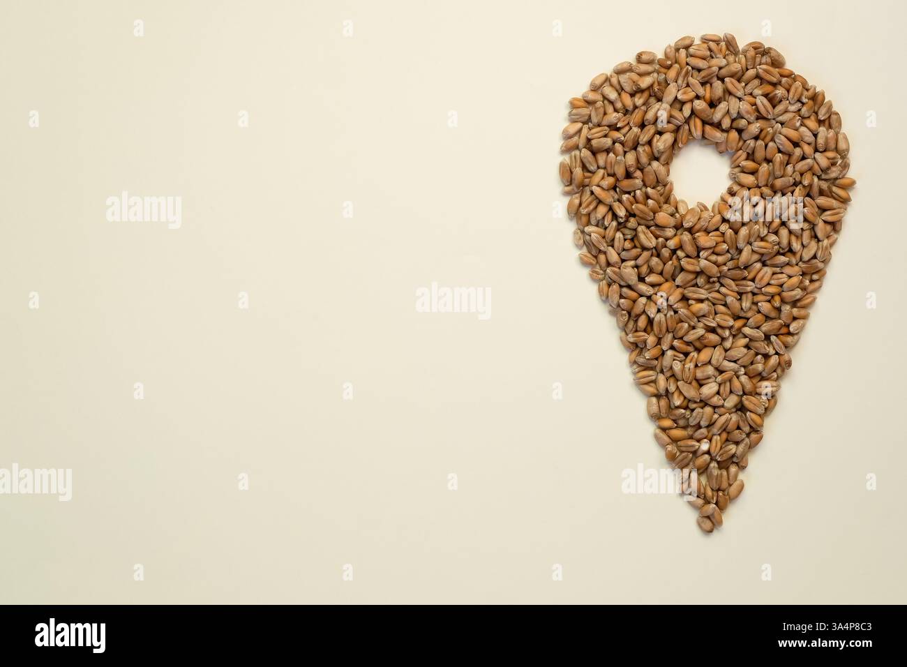 L'icona della bolla di posizionamento o del perno è composta da grani di grano. Centro di trasbordo del grano. Consegna dei trasporti, posizione della mappa, logistica dei trasporti. Foto Stock