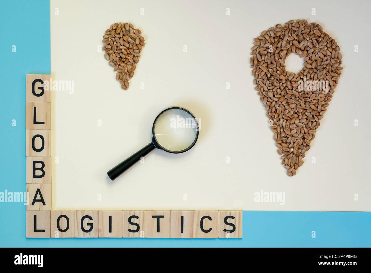 Bolla di localizzazione a base di cereali di grano. Un'icona a forma di spilla grande con una spilla piccola. Iscrizione Global Logistics. Lente d'ingrandimento. Foto Stock