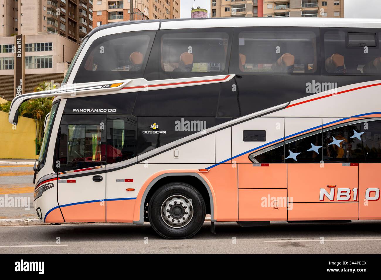 Busscar panoramico DD NB1 Scania K410C NB Euro 6 2024 in mostra alla fiera Bus Brasil Fest 2024 Foto Stock